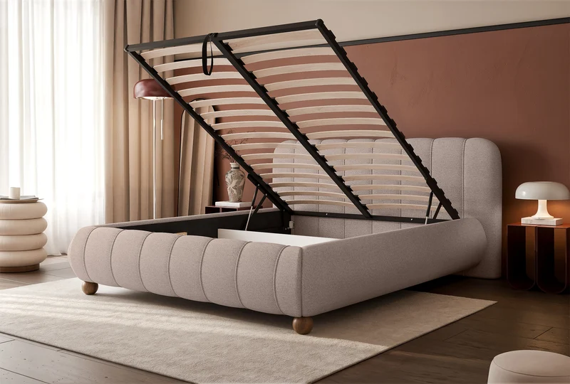 Polsterbett 160x200 cm Malunna mit Stauraum, Metallrahmen, grau-beiges Chenille, pflegeleicht, kugelförmige Beine aus lackiertem Buchenholz