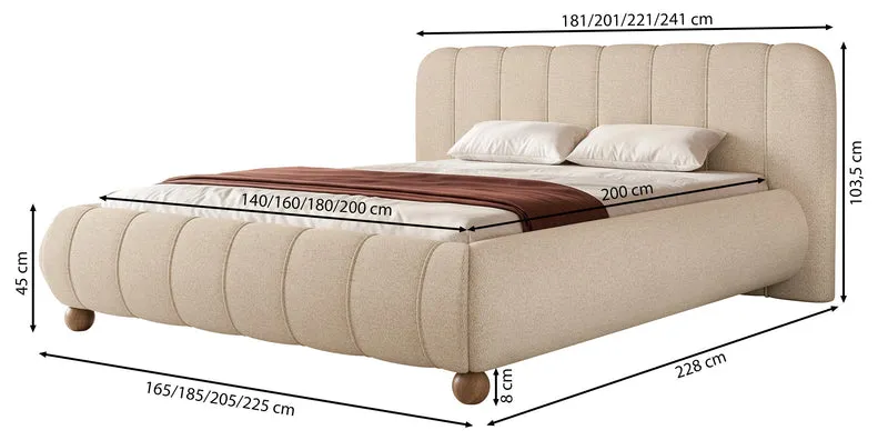 Gepolstertes Bett 160x200 cm Malunna mit Stauraum, Metallrahmen, grauer, leicht zu reinigender Chenille, kugelförmige Beine aus lackiertem Buchenholz