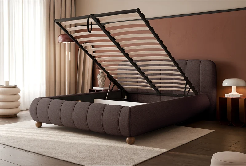 Polsterbett 160x200 cm Malunna mit Stauraum, Metallrahmen, brauner, pflegeleichter Chenille-Stoff, lackierte Buchenholz-Kugelbeine