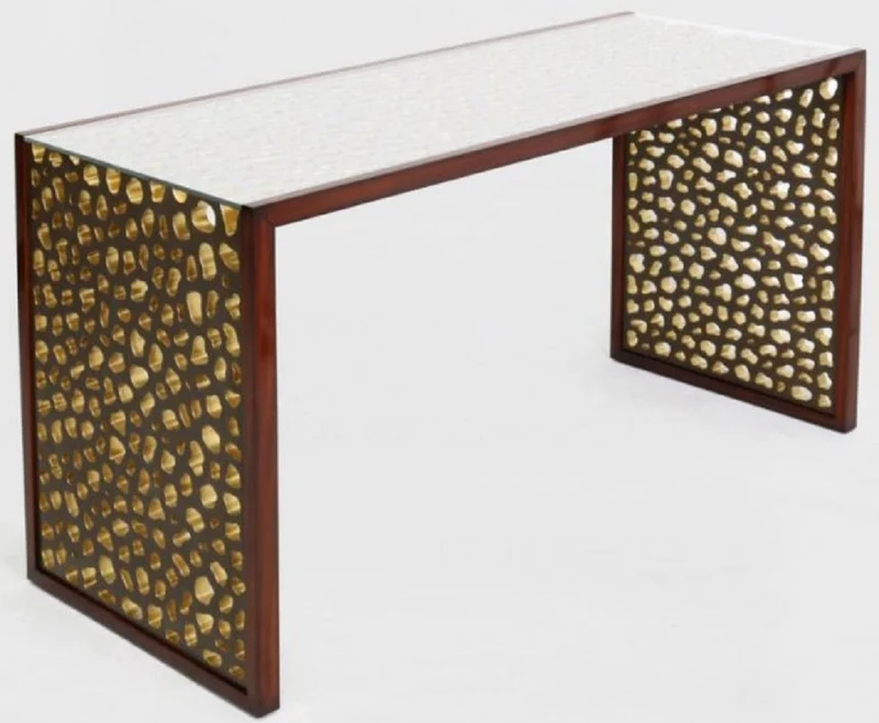 Casa Padrino Designer Schreibtisch mit Glasplatte Braun / Bronze / Gold 140 x 55 x H. 77 cm - Bürotisch - Computertisch - Luxus Büro Möbel