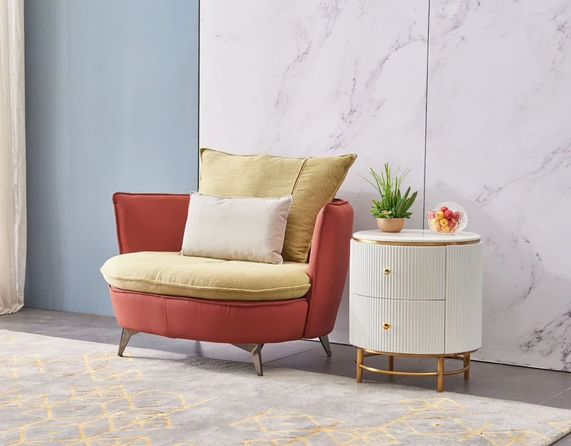 Casa Padrino Luxus Beistelltisch Weiß / Messingfarben / Gold Ø 50 x H. 58 cm - Runder Nachttisch mit 2 Schubladen - Moderne Möbel