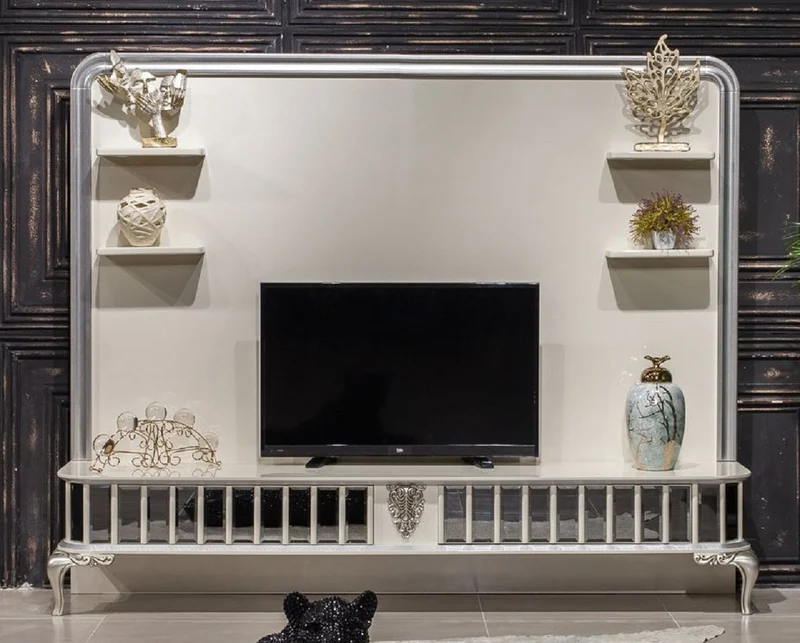 Casa Padrino Luxus Barock TV Schrank Weiß / Silber - Prunkvolles Wohnzimmer Sideboard mit Rückwand - Barock Wohnzimmer Möbel