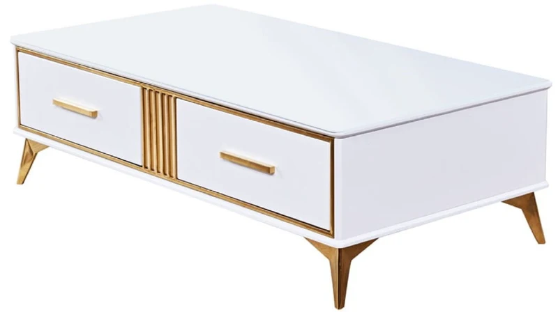 Casa Padrino Luxus Couchtisch Weiß / Gold 130 x 70 x H. 41 cm - Moderner Wohnzimmertisch mit 2 Schubladen - Moderne Wohnzimmer Möbel