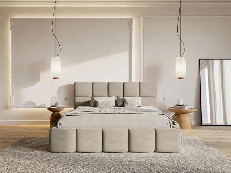 Polsterbett 180x200 cm Cloudy mit Stauraum, grau-beiger Velours, wasserabweisend, pflegeleicht, Metallrahmen