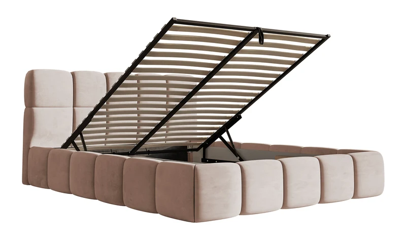Polsterbett 160x200 cm Cloudy mit Stauraum, beige, Velours, wasserabweisend, pflegeleicht, Metallrahmen