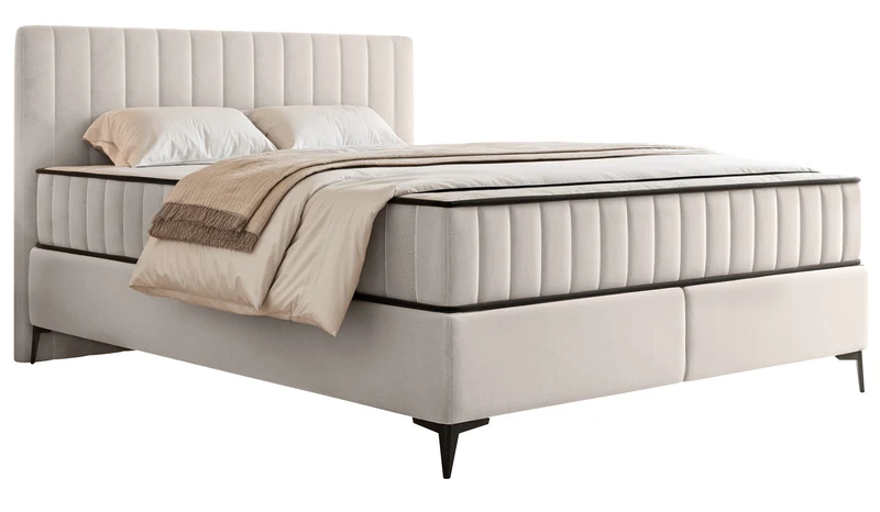Kontinentales Bett 180x200 cm Mufasso mit Stauraum, hellbeiger Veloursstoff, wasserabweisend