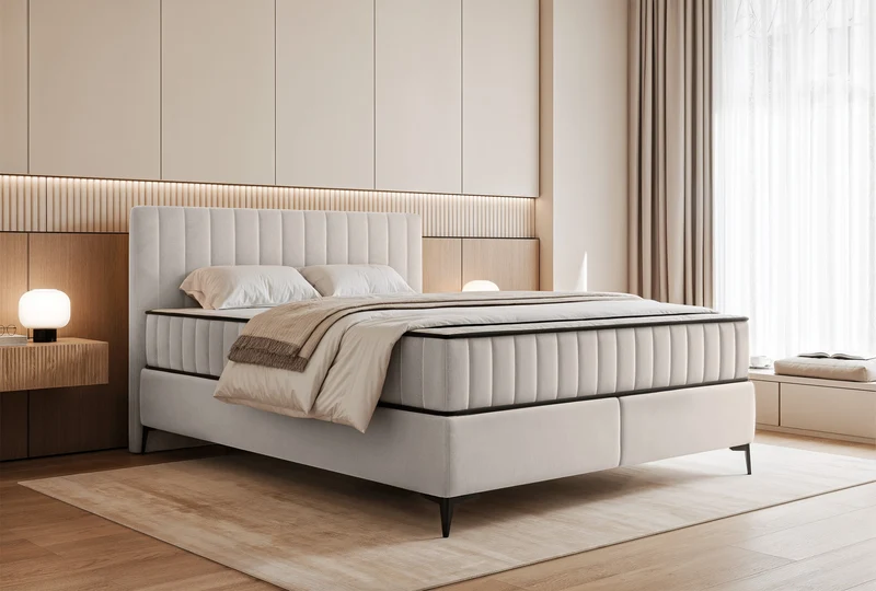 Kontinentales Bett 180x200 cm Mufasso mit Stauraum, hellbeiger Veloursstoff, wasserabweisend