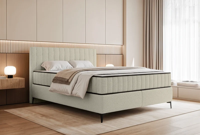 Kontinentales Bett 160x200 cm Mufasso mit Stauraum, hellbeiges Bouclé
