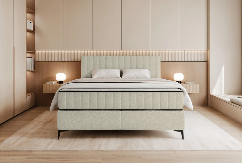 Kontinentales Bett 160x200 cm Mufasso mit Stauraum, hellbeiges Bouclé