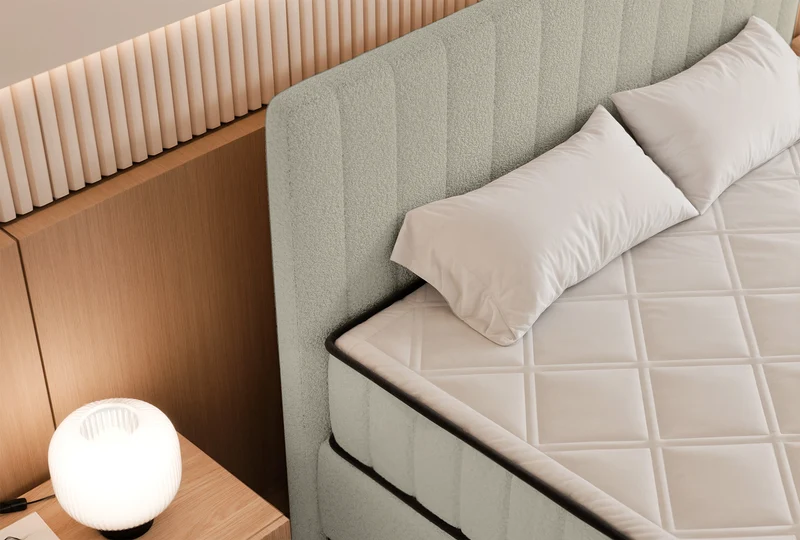 Kontinentales Bett 160x200 cm Mufasso mit Stauraum, hellbeiges Bouclé
