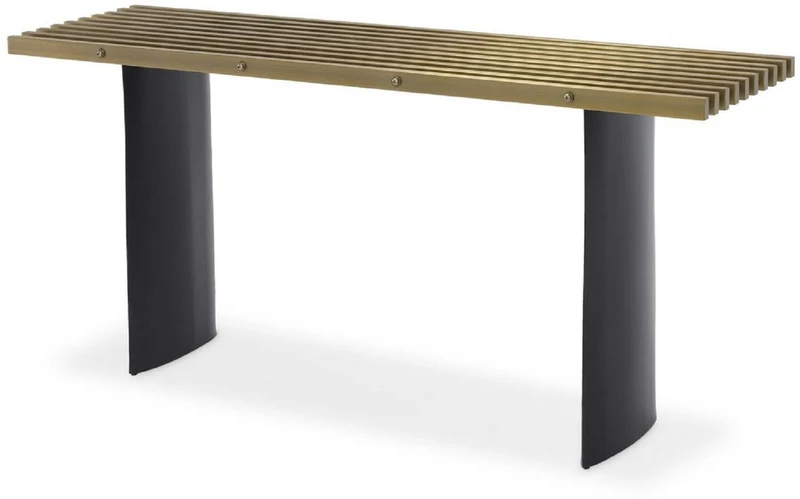 Casa Padrino Luxus Industrial Design Konsole Messingfarben / Schwarz 160 x 42,5 x H. 76 cm - Industrie Stil Konsolentisch mit Metallgitter Tischplatte und ellipsenförmigen Tischbeinen - Luxus Qualität