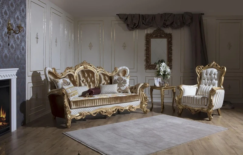 Casa Padrino Luxus Barock Wohnzimmer Set Gold / Weiß / Grau / Gold - 2 Sofas & 2 Sessel & 1 Couchtisch - Barock Wohnzimmer Möbel - Edel & Prunkvoll