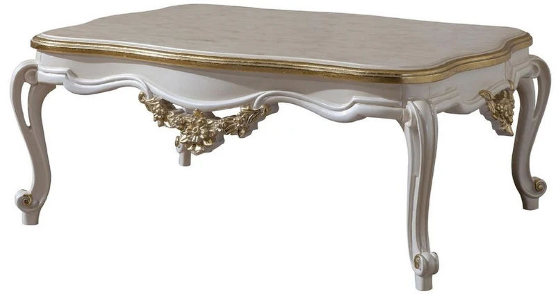 Casa Padrino Luxus Barock Couchtisch Weiß / Gold 130 x 90 x H. 47 cm - Prunkvoller Massivholz Wohnzimmertisch im Barockstil - Barock Möbel