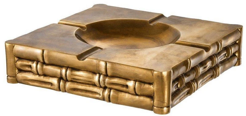Casa Padrino Luxus Aschenbecher Vintage Messingfarben 22,5 x 22,5 x H. 5,5 cm - Quadratischer Messing Aschenbecher in Bambusoptik - Luxus Deko Accessoires