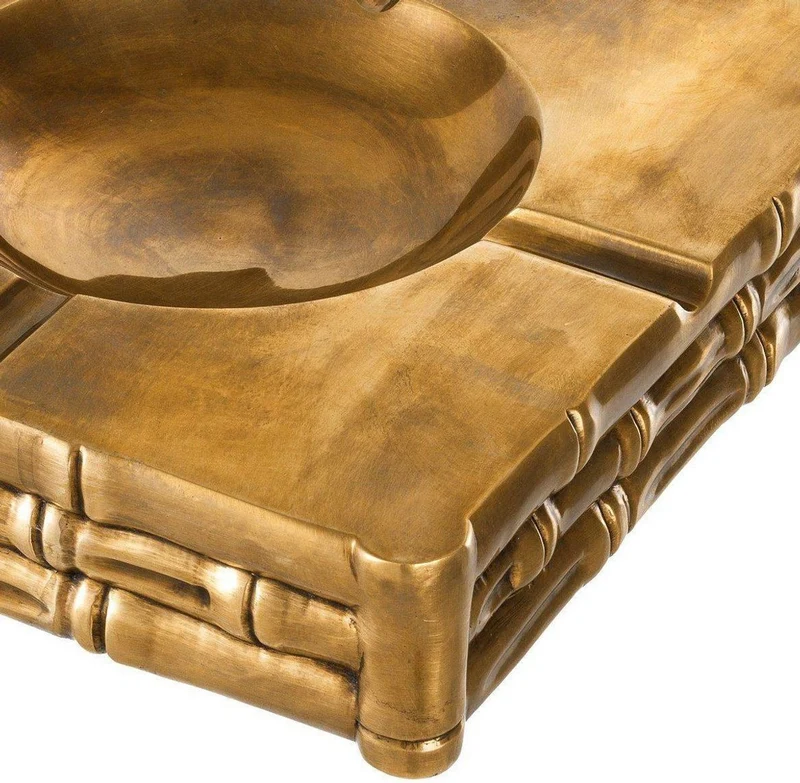 Casa Padrino Luxus Aschenbecher Vintage Messingfarben 22,5 x 22,5 x H. 5,5 cm - Quadratischer Messing Aschenbecher in Bambusoptik - Luxus Deko Accessoires
