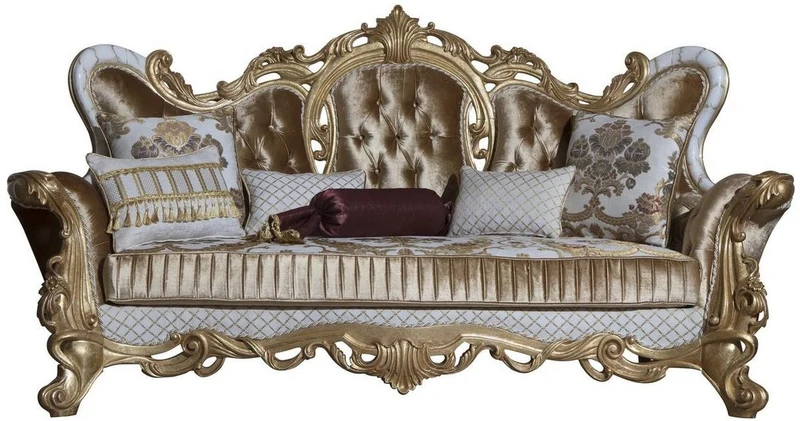 Casa Padrino Luxus Barock Sofa Gold / Weiß / Gold 248 x 108 x H. 122 cm - Wohnzimmer Sofa mit elegantem Muster und dekorativen Kissen - Prunkvolle Barock Möbel