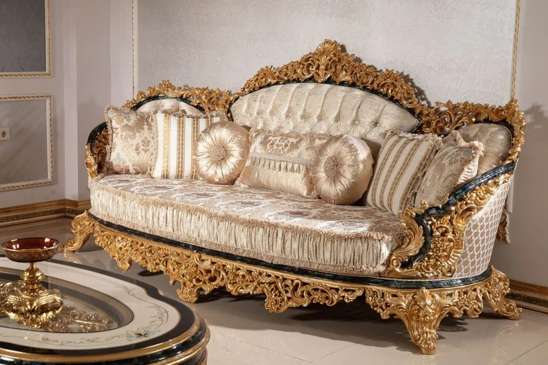Casa Padrino Luxus Barock Sofa Gold / Mehrfarbig / Blau / Gold - Prunkvolles Wohnzimmer Sofa mit elegantem Muster - Barock Wohnzimmer Möbel - Edel & Prunkvoll