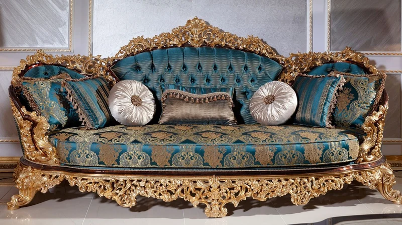 Casa Padrino Luxus Barock Sofa Blau / Beige / Braun / Gold - Prunkvolles Wohnzimmer Sofa mit elegantem Muster - Barock Wohnzimmer Möbel - Edel & Prunkvoll