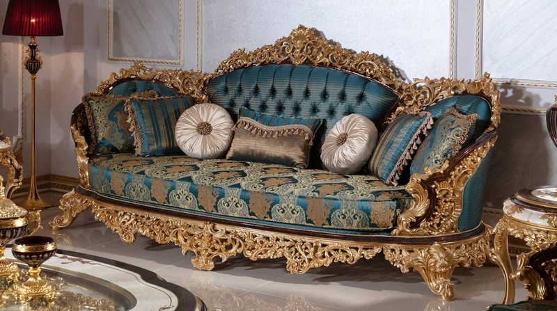 Casa Padrino Luxus Barock Sofa Blau / Beige / Braun / Gold - Prunkvolles Wohnzimmer Sofa mit elegantem Muster - Barock Wohnzimmer Möbel - Edel & Prunkvoll
