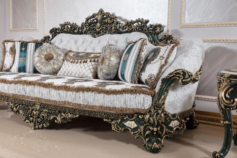 Casa Padrino Luxus Barock Sofa Weiß / Mehrfarbig / Grün / Gold - Prunkvolles Wohnzimmer Sofa mit elegantem Muster - Barock Wohnzimmer & Hotel Möbel - Edel & Prunkvoll
