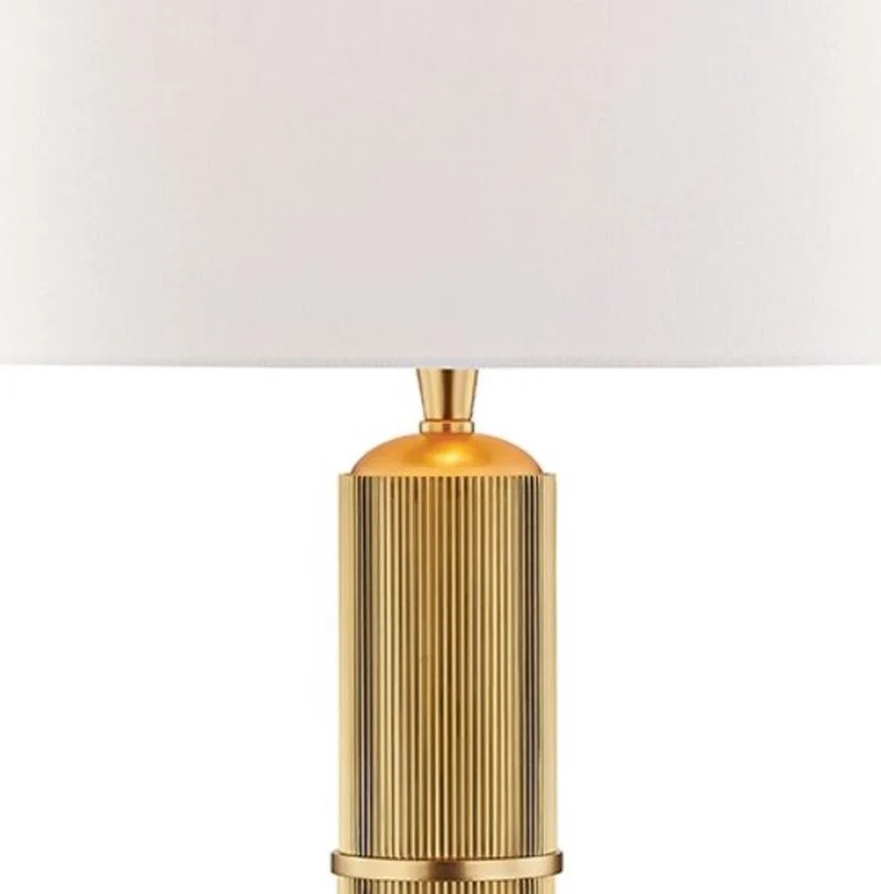 Casa Padrino Luxus Tischleuchte Antik Messing / Weiß Ø 38 x H. 71 cm - Tischlampe mit rundem Leinen Lampenschirm