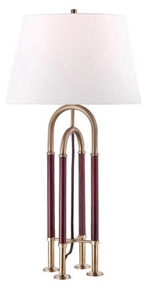Casa Padrino Luxus Tischleuchte Antik Messing / Braun / Weiß Ø 40,6 x H. 73,7 cm - Edle Metall Leuchte mit hochwertigem Leder und Leinen Lampenschirm - Luxus Qualität