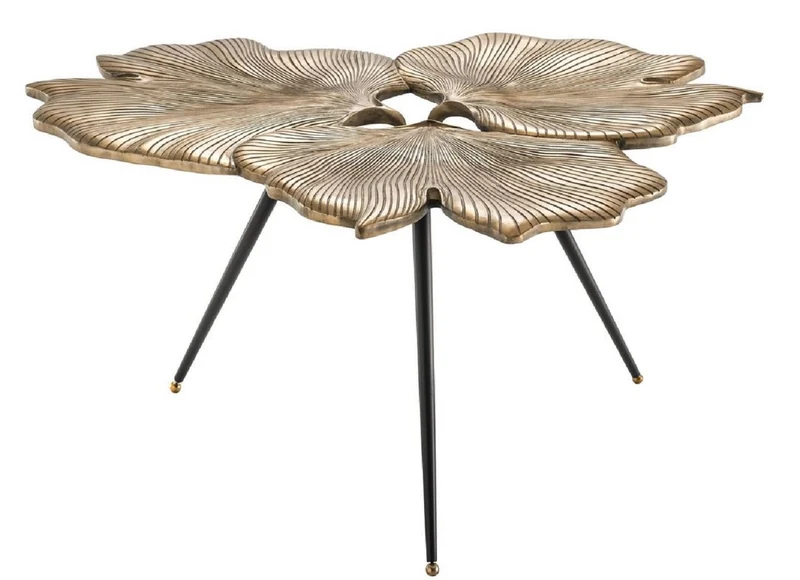 Casa Padrino Designer Beistelltisch Vintage Messingfarben / Schwarz / Gold 75 x 64 x H. 38,5 cm - Aluminium Tisch im Ginkgoblätter Design - Luxus Qualität
