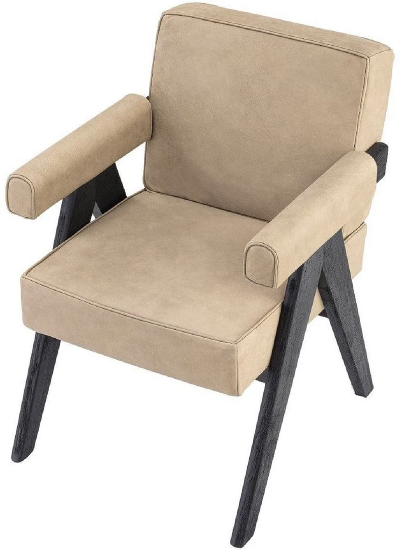 Casa Padrino Luxus Echtleder Esszimmerstuhl mit Armlehnen Beige / Schwarz 64 x 70 x H. 87,5 cm - Küchenstuhl mit edlem Nubuk Büffelleder - Luxus Esszimmer Möbel