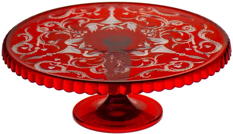 Casa Padrino Luxus Kuchenteller Rot / Silber Ø 32 x H. 12 cm - Handgefertigte und handgravierte Glas Kuchenplatte - Hotel & Restaurant Accessoires - Luxus Qualität