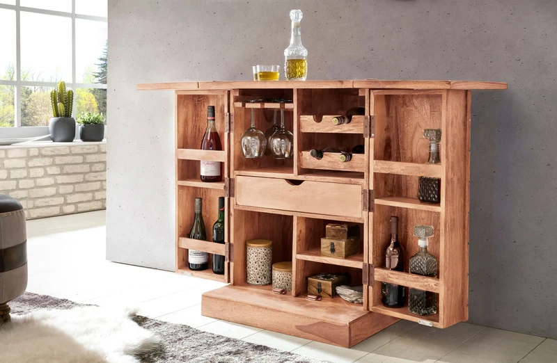 Hausbar LUCCA Akazie Massivholz Weinbar ausklappbar