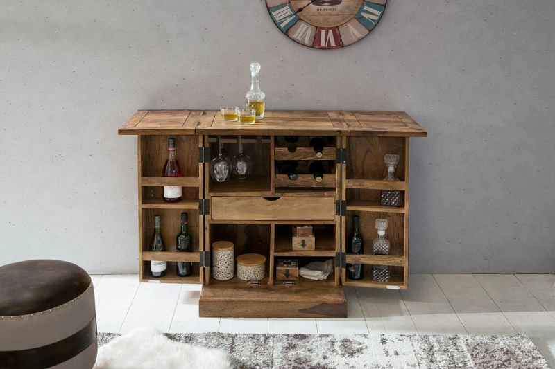 Hausbar LUCCA Sheesham Massivholz 65x91x50 cm Weinbar ausklappbar