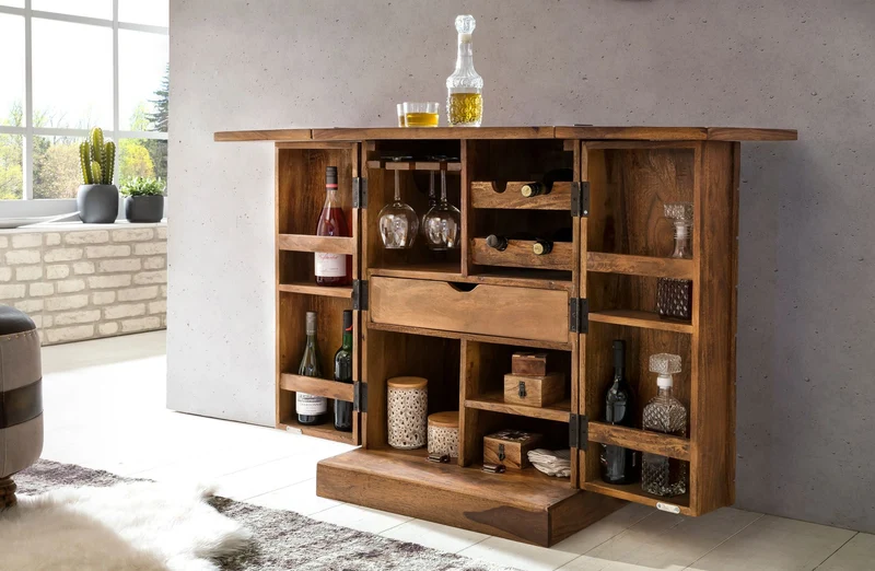 Hausbar LUCCA Sheesham Massivholz 65x91x50 cm Weinbar ausklappbar