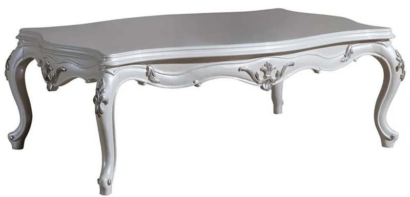Casa Padrino Luxus Barock Couchtisch Weiß / Silber 125 x 85 x H. 47 cm - Rechteckiger Massivholz Wohnzimmertisch - Prunkvolle Barock Möbel