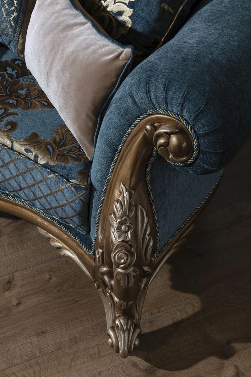Casa Padrino Luxus Barock Sofa Blau / Gold 260 x 90 x H. 125 cm - Prunkvolles Wohnzimmer Sofa mit elegantem Muster und dekorativen Kissen - Barock Möbel