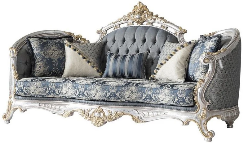 Casa Padrino Luxus Barock Wohnzimmer Set Grau / Blau / Silber / Gold - 2 Sofas & 2 Sessel & 1 Couchtisch - Prunkvolle Wohnzimmer Möbel im Barockstil