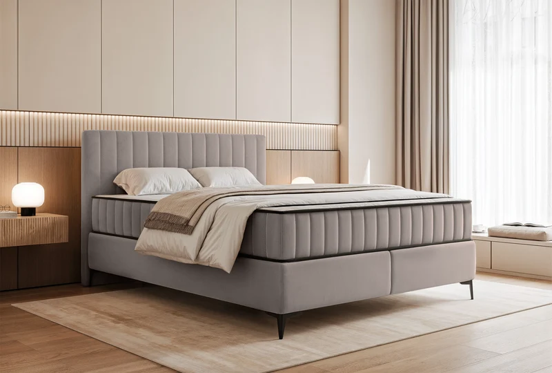 Kontinentalbett 180x200 cm Mufasso mit Stauraum, grau-beiger wasserabweisender Samt