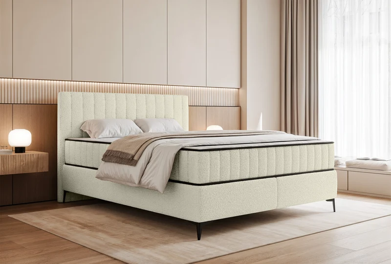 Kontinentales Bett 180x200 cm Mufasso mit Stauraum, cremefarbenes Bouclé