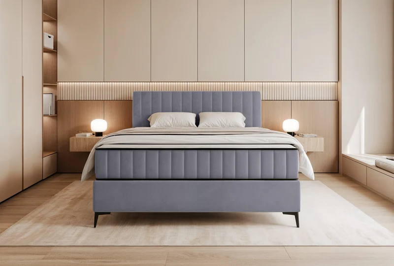 Kontinentalbett 140x200 cm Mufasso mit Stauraum, hellgrauer Velours, wasserabweisend