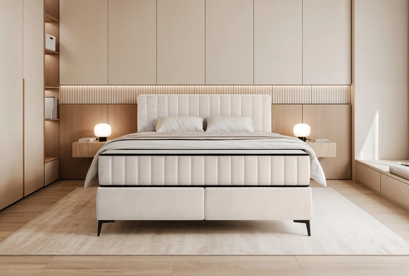 Kontinentales Bett 180x200 cm Mufasso mit Stauraum, cremefarbener Velours, wasserabweisend