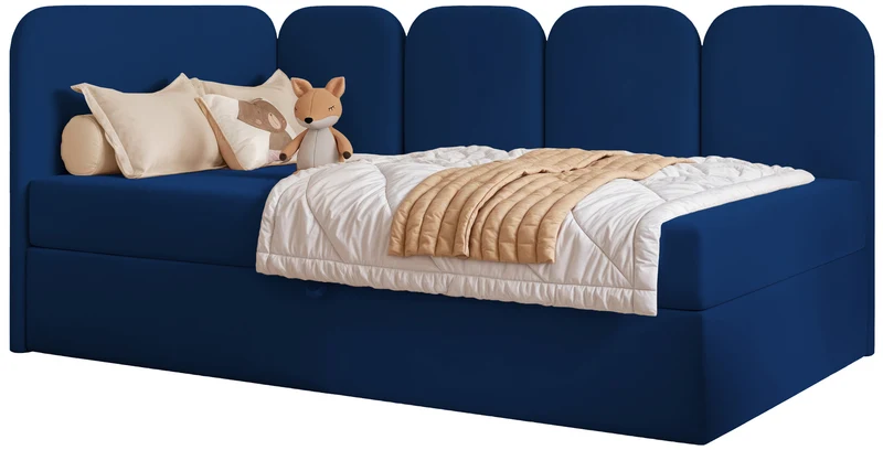 Jugendbett 90x200 cm Nubini linksseitig mit Stauraum, blau, Velours, wasserabweisend