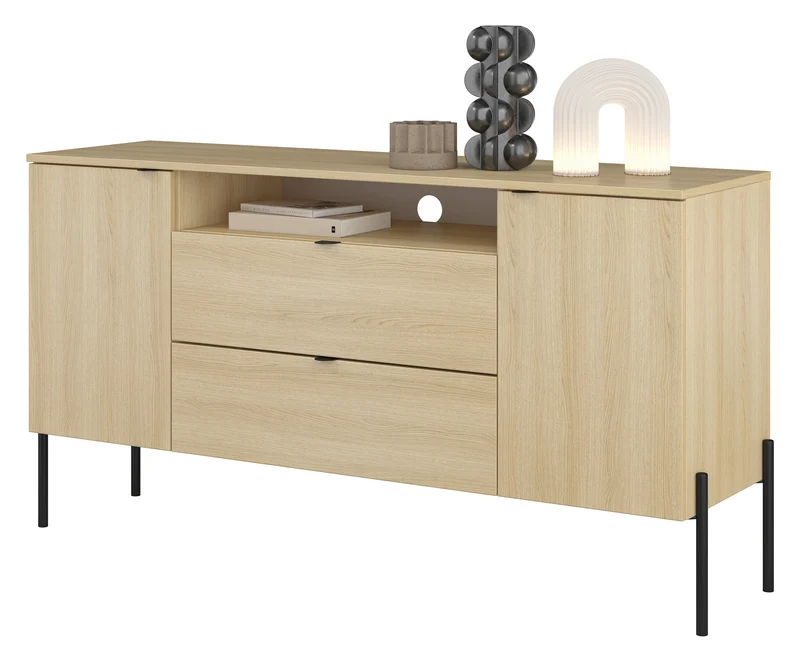 Zweiturige Kommode Ore mit zwei Schubladen, 140 cm, Lindberg-Eiche