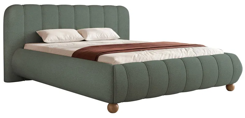 Polsterbett 180x200 cm Malunna mit Stauraum, Metallrahmen, salbeigrüner Chenille-Stoff, pflegeleicht, kugelförmige Beine aus lackiertem Buchenholz