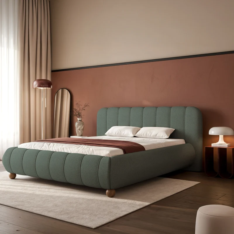 Polsterbett 180x200 cm Malunna mit Stauraum, Metallrahmen, salbeigrüner Chenille-Stoff, pflegeleicht, kugelförmige Beine aus lackiertem Buchenholz