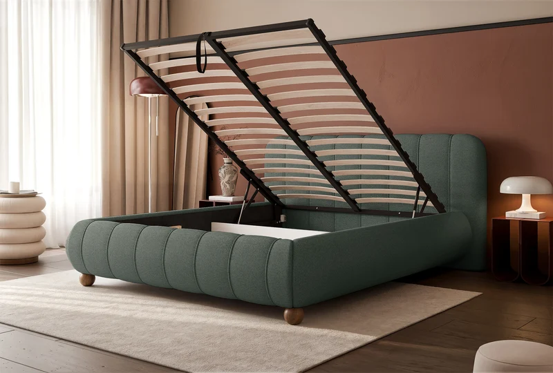 Polsterbett 180x200 cm Malunna mit Stauraum, Metallrahmen, salbeigrüner Chenille-Stoff, pflegeleicht, kugelförmige Beine aus lackiertem Buchenholz