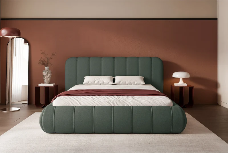 Polsterbett 200x200 cm Malunna mit Stauraum, Metallrahmen, salbeigrüner Chenille-Stoff, pflegeleicht