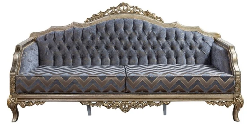 Casa Padrino Luxus Barock Sofa Blau / Silber / Gold - Handgefertigtes Wohnzimmer Sofa im Barockstil - Barock Wohnzimmer Möbel - Edel & Prunkvoll