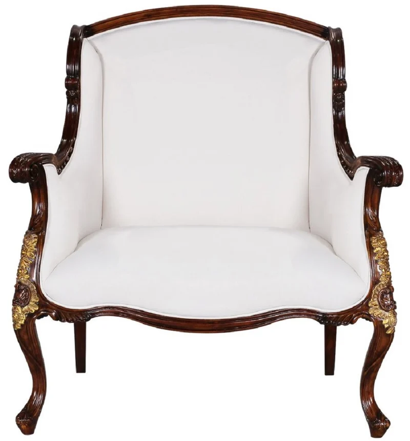 Casa Padrino Luxus Barock Sessel Weiß / Dunkelbraun / Gold - Prunkvoller Wohnzimmer Sessel im Barockstil - Barock Wohnzimmer Möbel - Edel & Prunkvoll
