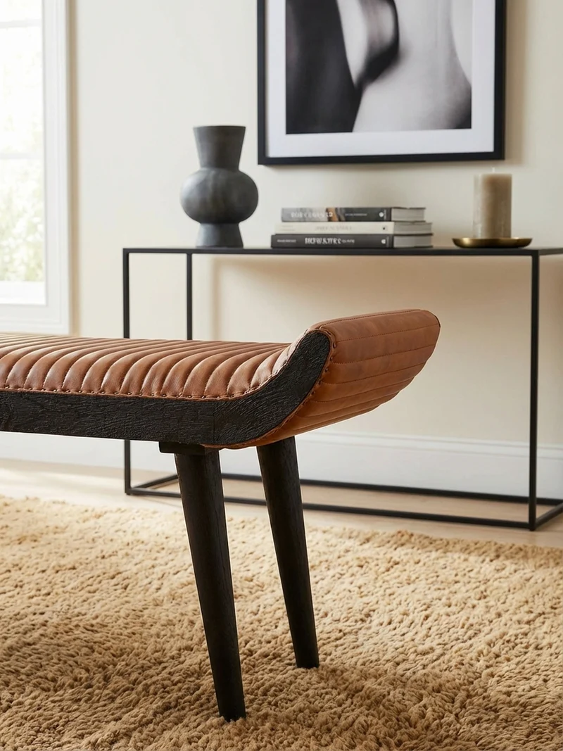 Sitzbank – Echtleder, 125x51x38 cm, Nietenrand, Massivholzbeine