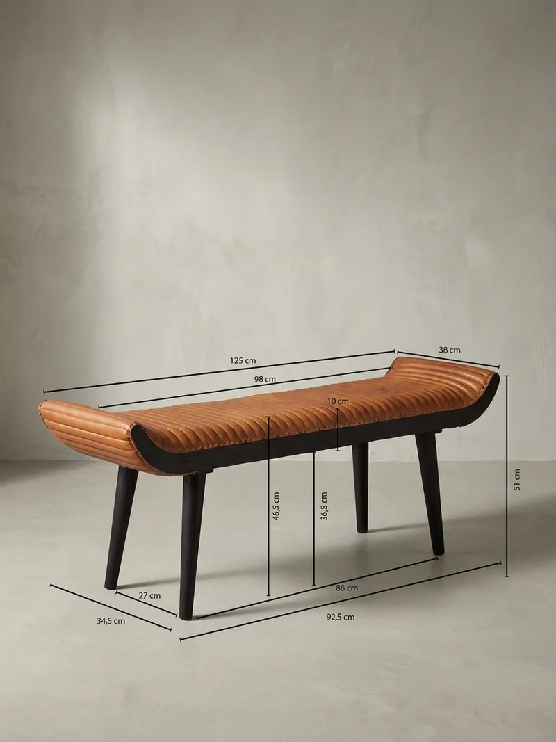 Sitzbank – Echtleder, 125x51x38 cm, Nietenrand, Massivholzbeine