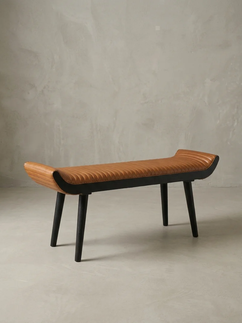 Sitzbank – Echtleder, 125x51x38 cm, Nietenrand, Massivholzbeine
